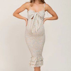 Blue Floral Front Tie Cutout Smocked Midi Dress - Pink Blush Maternity